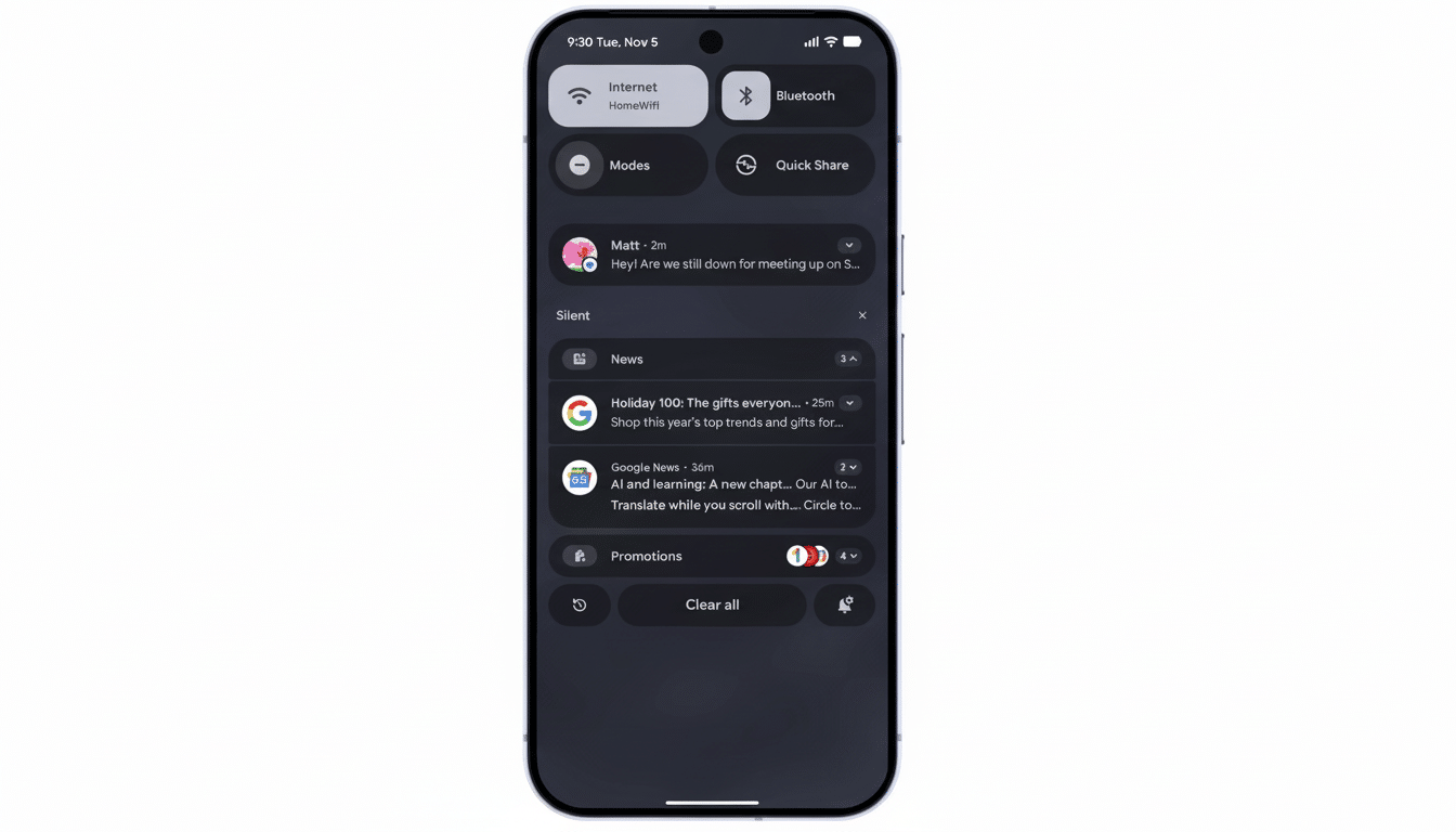 A smartphone displaying a dark mode interface with notifications and quick settings, resized to a 16:9 aspect ratio.