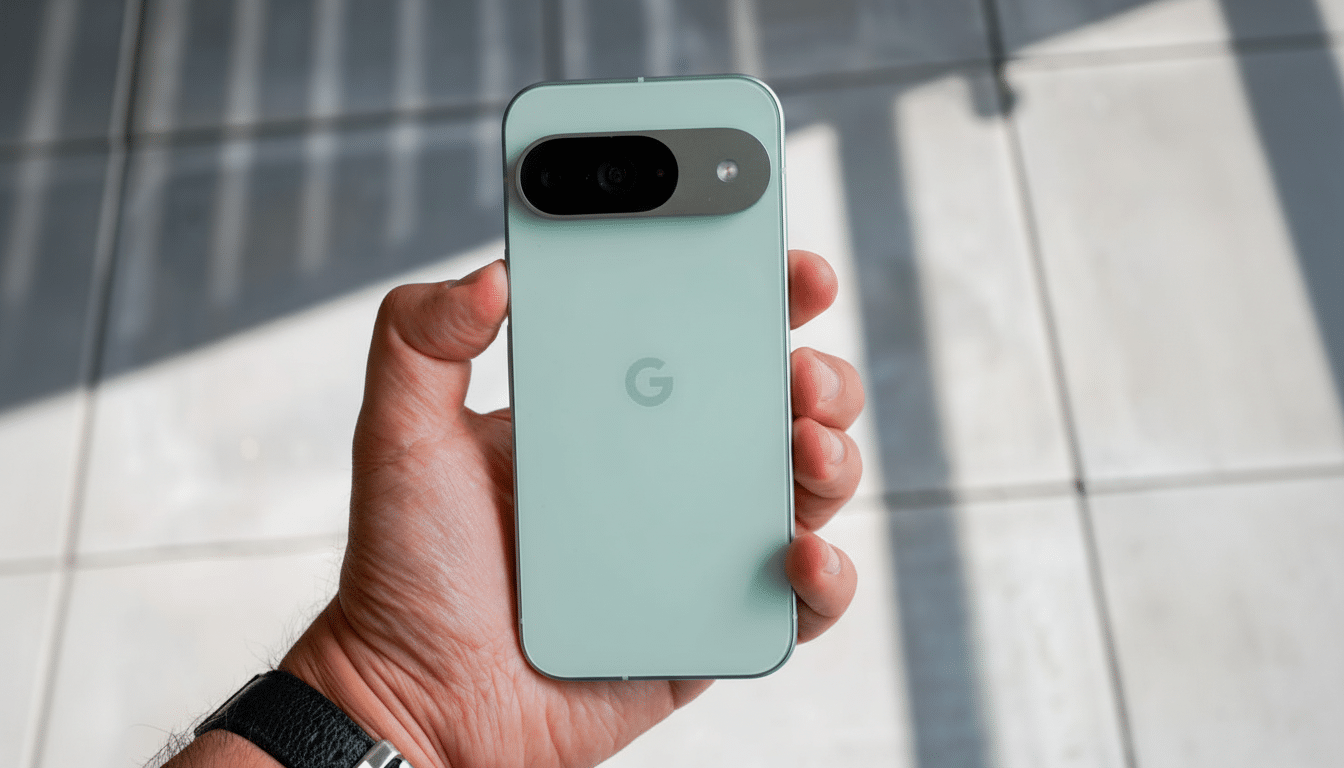 A hand holding a light green Google Pixel phone, with the camera bar visible at the top.