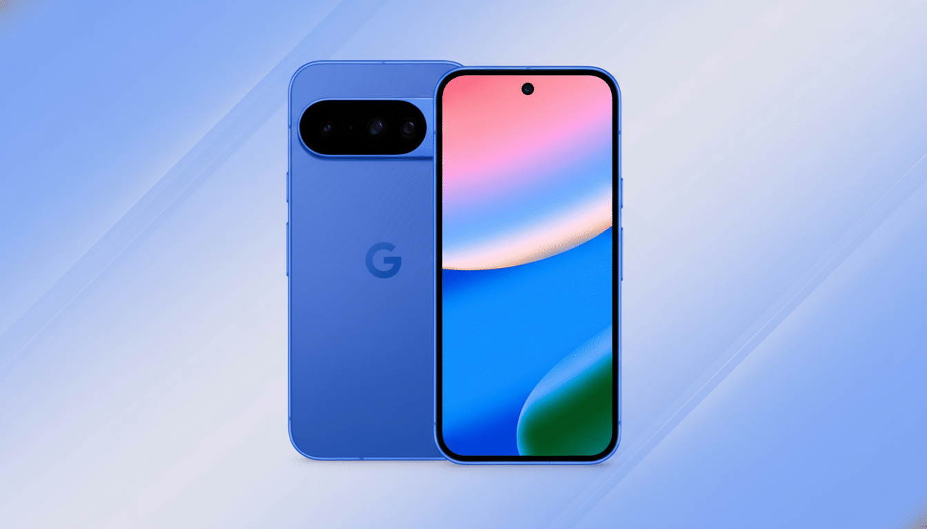 A blue smartphone with a Google logo on the back and a colorful screen on the front, presented on a professional flat design background with soft blue and white patterns.