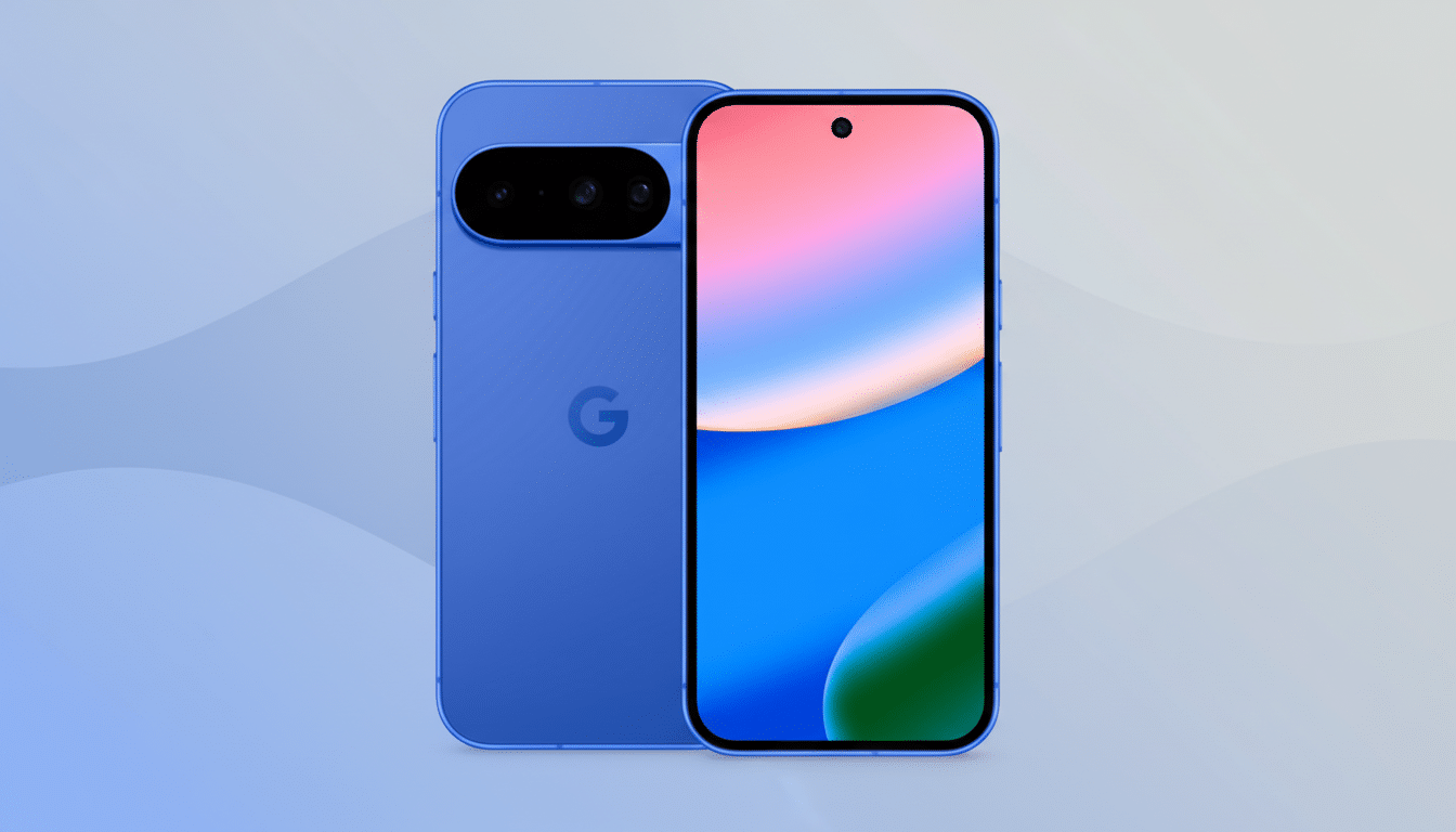 A blue Google Pixel smartphone shown from the front and back, set against a professional flat design background with soft patterns and gradients.