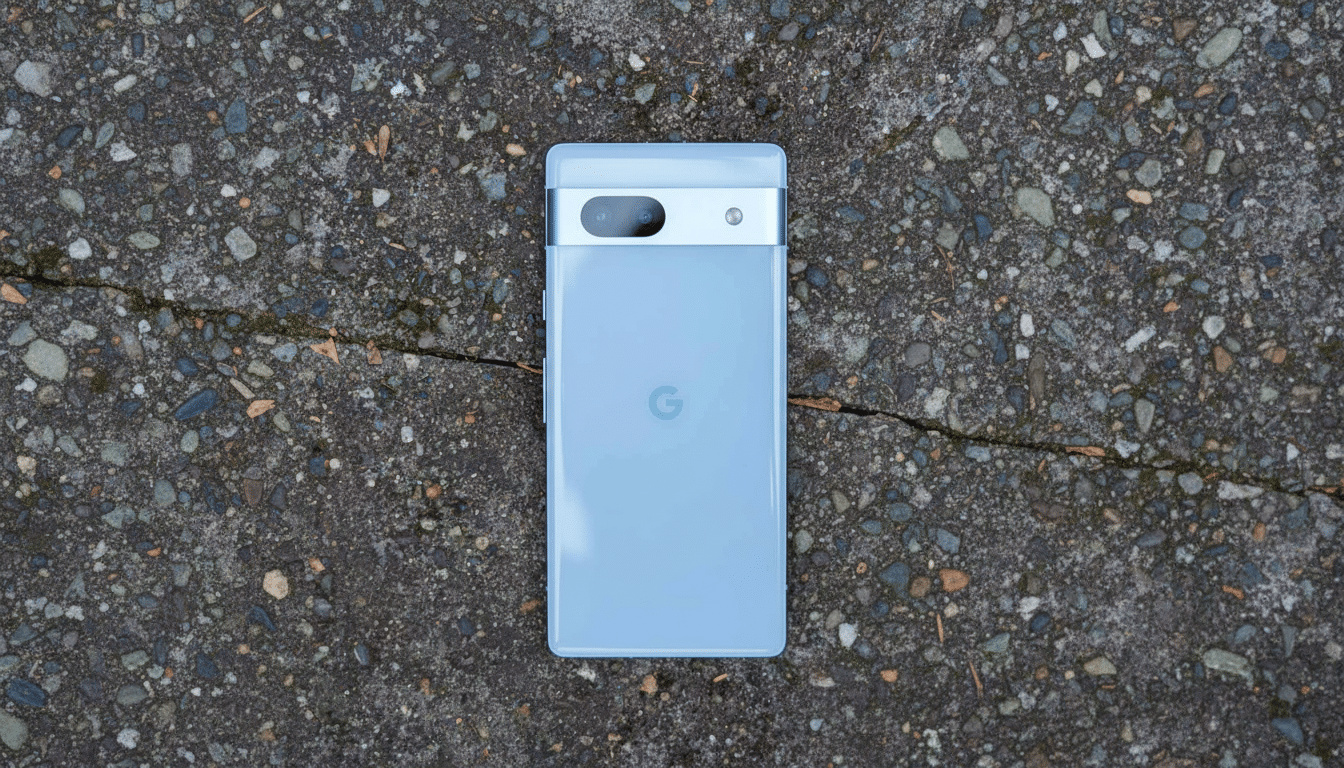 A light blue Google Pixel 7a smartphone lying on a textured concrete surface.