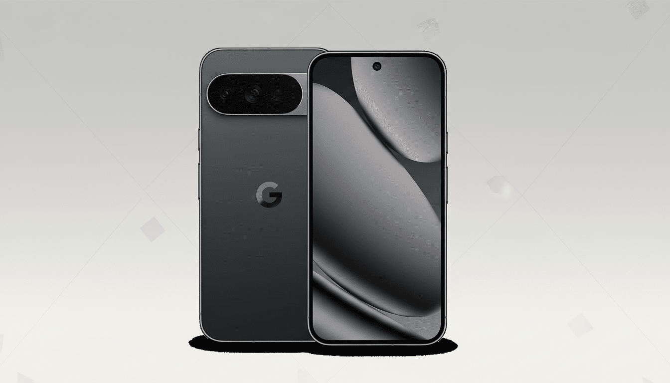 A dark gray smartphone, possibly a Google Pixel, is shown from the front and back, set against a professional light gray background with subtle geometric patterns. The front screen displays a dark, abstract wallpaper.