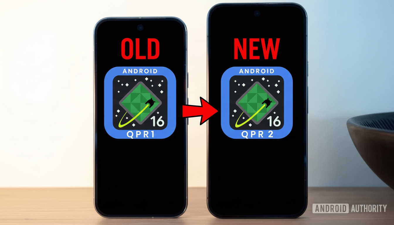 Two smartphones side-by-side, labeled OLD and NEW, displaying app icons for Android 16 QPR1 and QPR2 respectively, with a red arrow pointing from old to new.