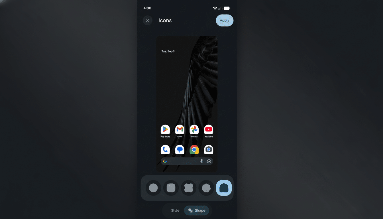 A screenshot of a mobile phone screen showing an Icons customization menu, with various app icons displayed on a dark wallpaper and options for icon shapes at the bottom.