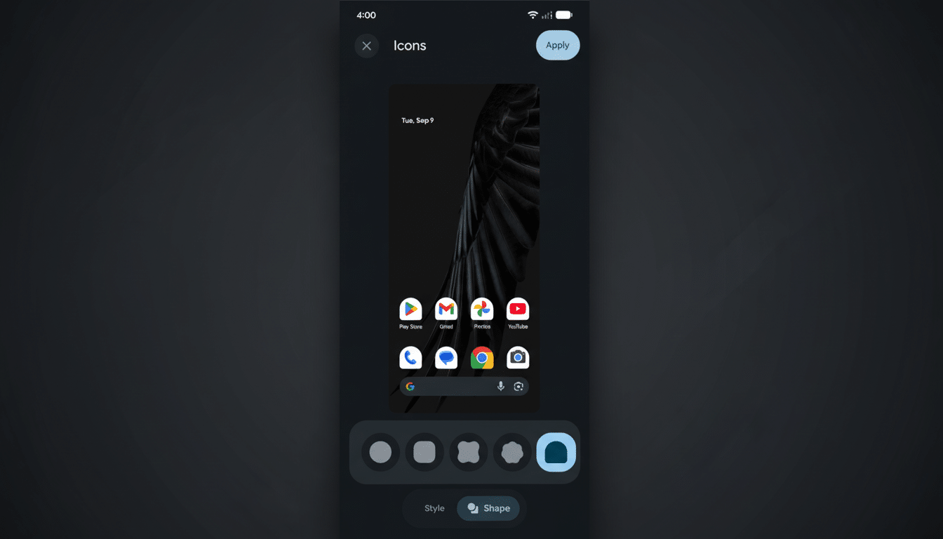 A smartphone screen displaying icon customization options, with the Shape tab selected and a teardrop icon shape highlighted.