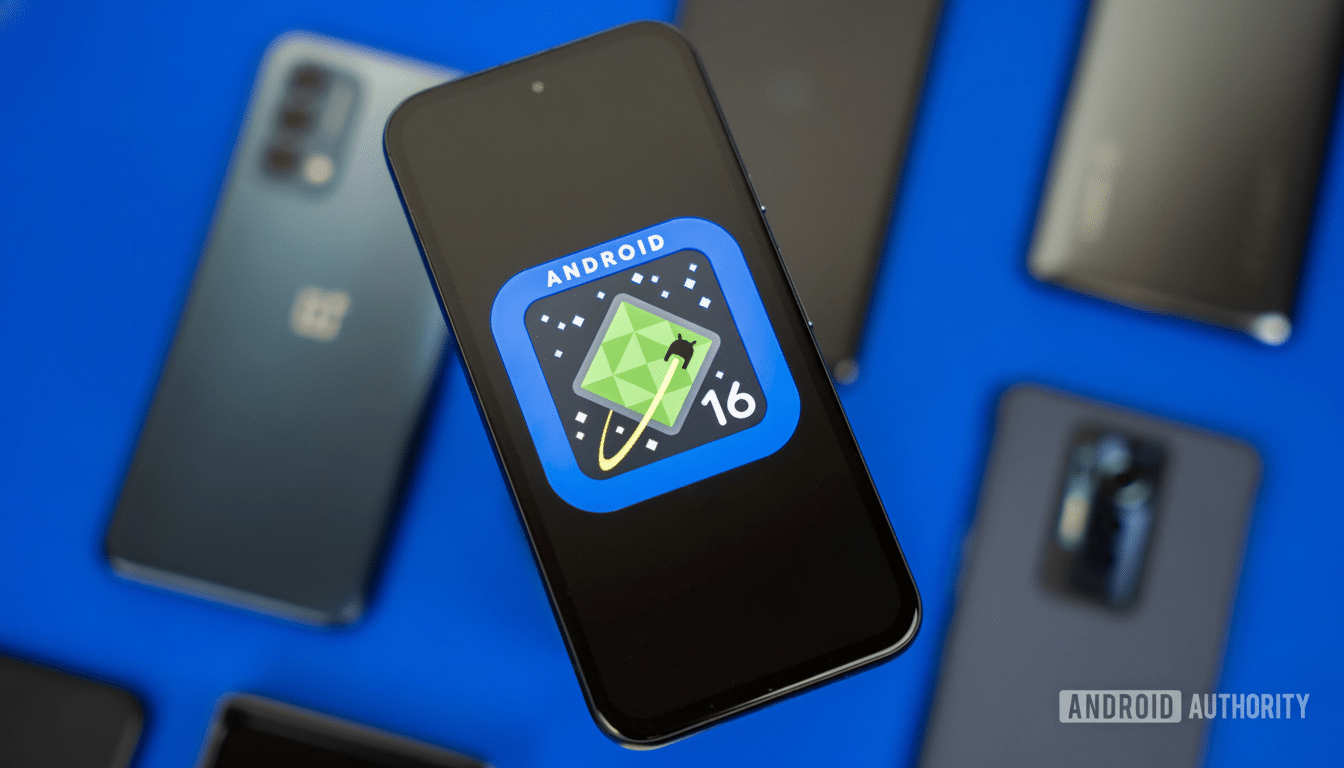 A smartphone displaying the Android 16 logo on its screen, surrounded by other smartphones on a blue surface.