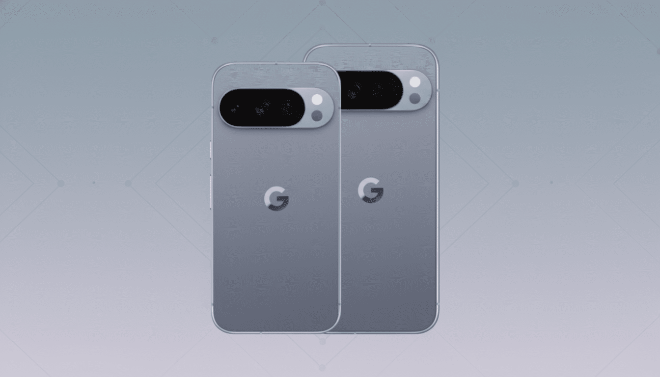Two gray Google Pixel phones are shown from the back, with the camera bar and Google logo visible, set against a professional light gray background with subtle geometric patterns.
