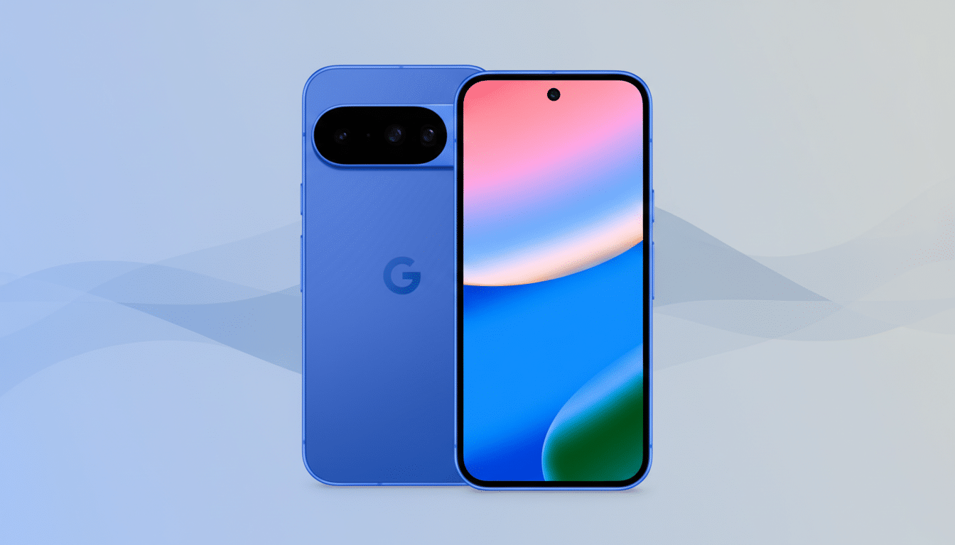 A blue smartphone with a Google logo on the back and a colorful screen on the front, presented against a professional flat design background with soft blue patterns.