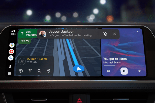 A cars infotainment system displaying navigation, a message from Jayson Jackson, and music playback.