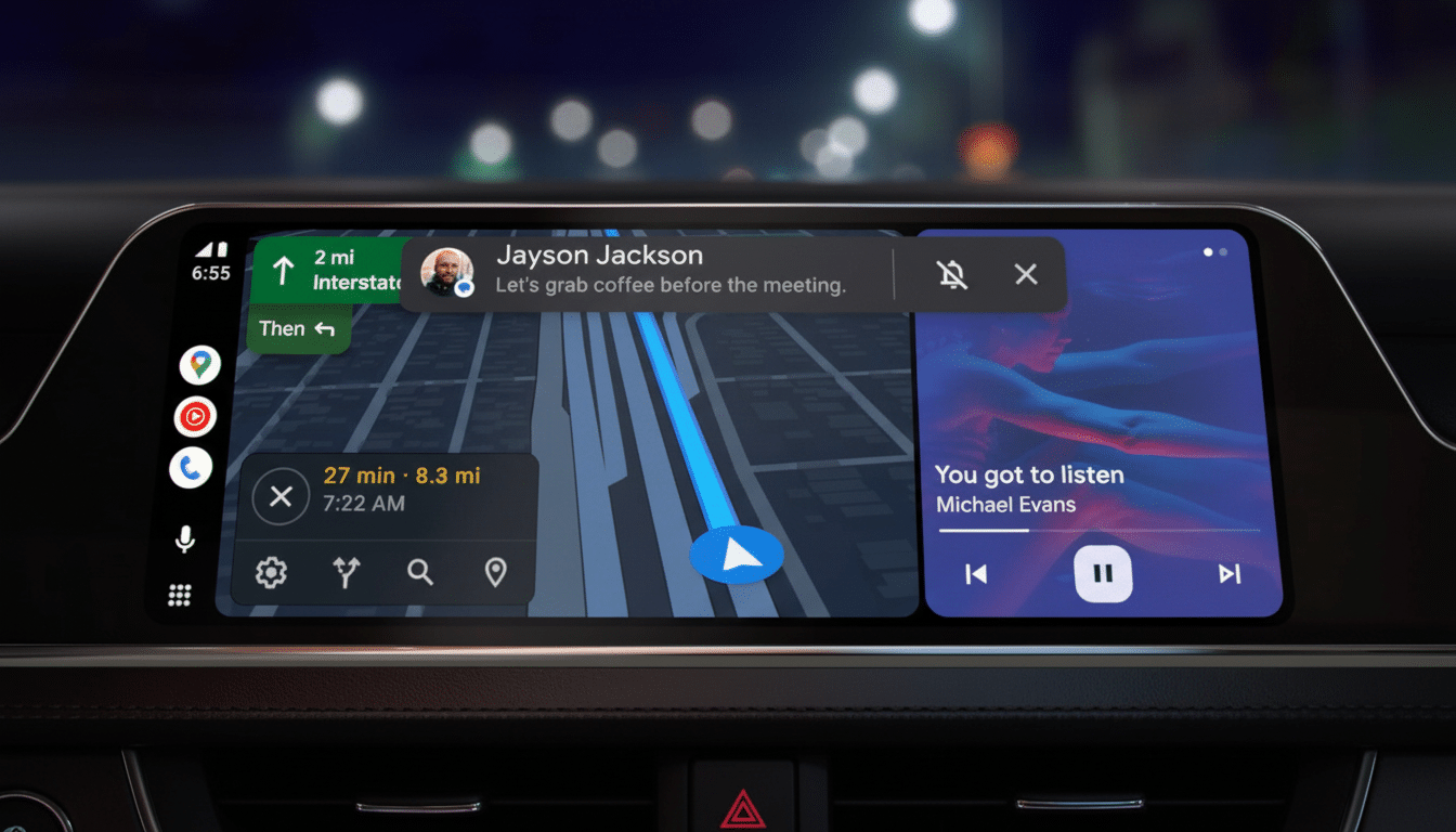 A cars infotainment system displaying navigation, a message from Jayson Jackson, and music playback.