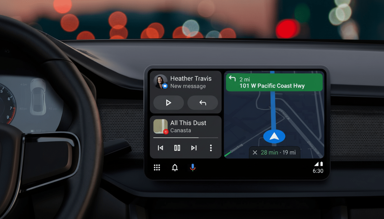 A cars dashboard with a central display showing navigation and media controls, resized to a 16:9 aspect ratio.