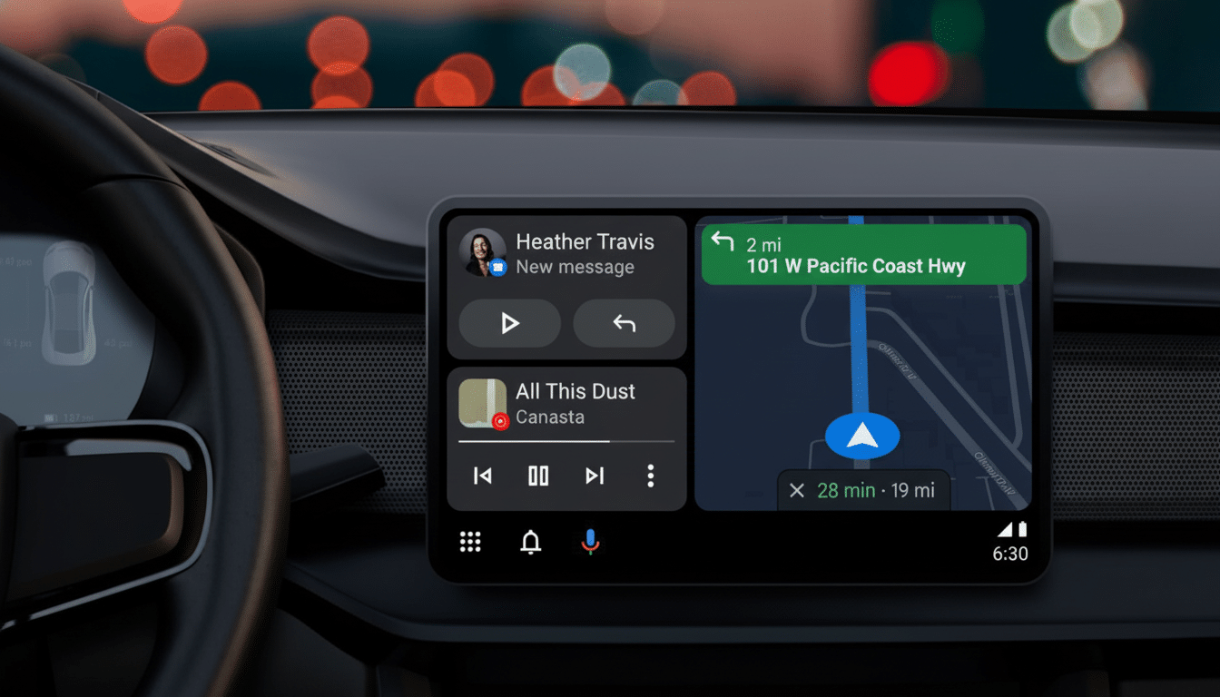 A cars infotainment system displaying navigation and music, with a notification from Heather Travis.