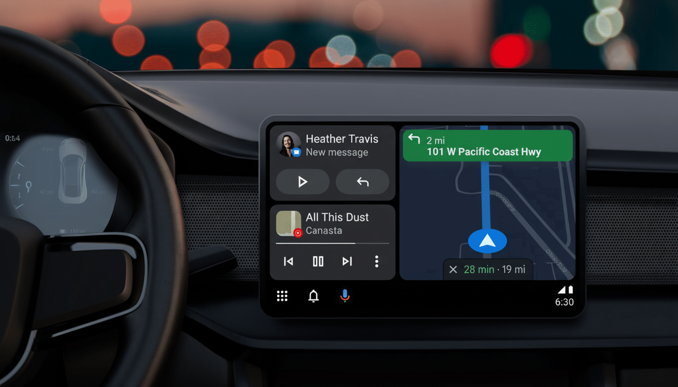 A cars dashboard with a screen displaying navigation and media controls.