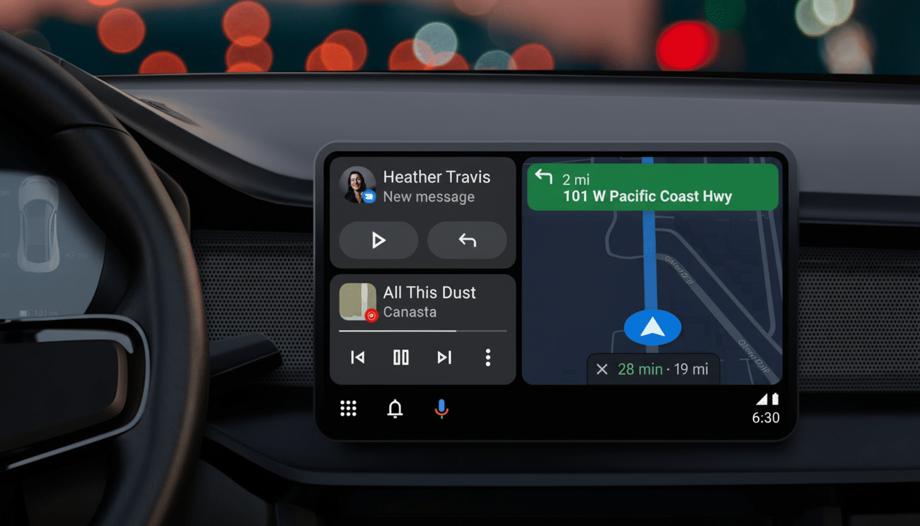 A cars dashboard with a central display showing navigation, a new message from Heather Travis, and music playback.