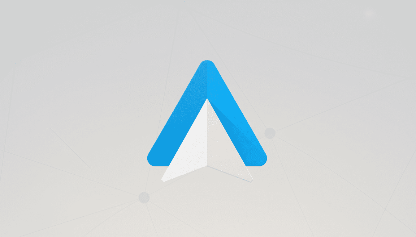 A blue and white navigation arrow icon centered on a light gray background with subtle geometric patterns.