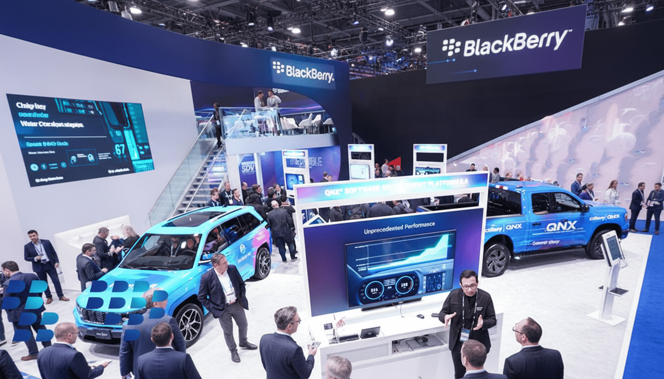 A wide shot of a bustling BlackBerry booth at a trade show, featuring several people, two blue vehicles, and large display screens showcasing QNX Software Development Platform 8.0 and other information.