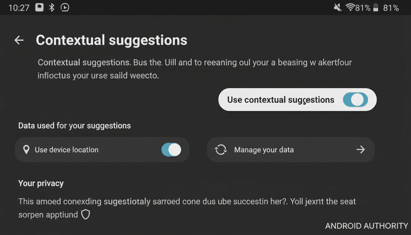 A screenshot of a mobile phone screen displaying Contextual suggestions settings. The screen shows options to Use contextual suggestions and Use device location, both with toggle switches. Theres also a Manage your data option. The background is dark gray with white text.