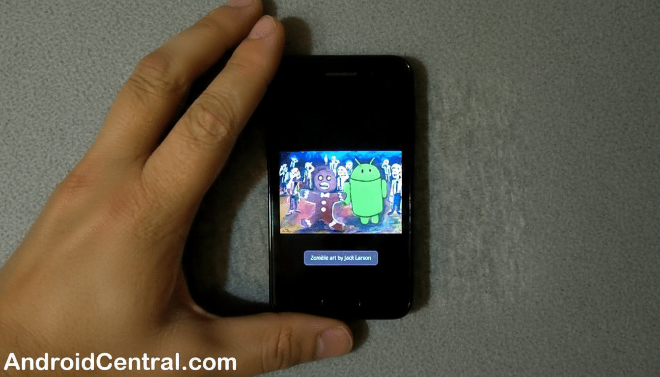 A hand holding a smartphone displaying Zombie art by Jack Larson with a gingerbread man and Android character surrounded by zombies.