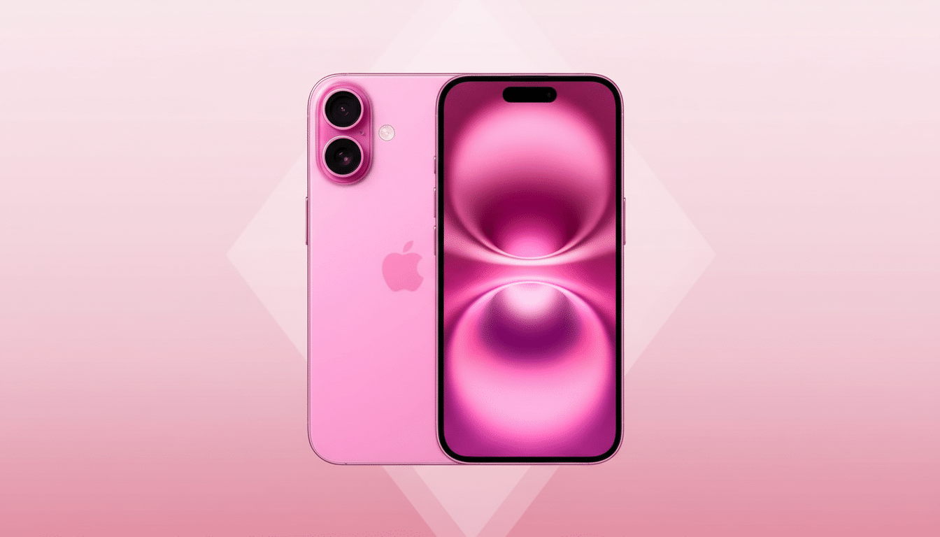 A pink smartphone with a dual-camera setup on the back and a screen displaying a pink abstract design, set against a light pink background with subtle geometric patterns.