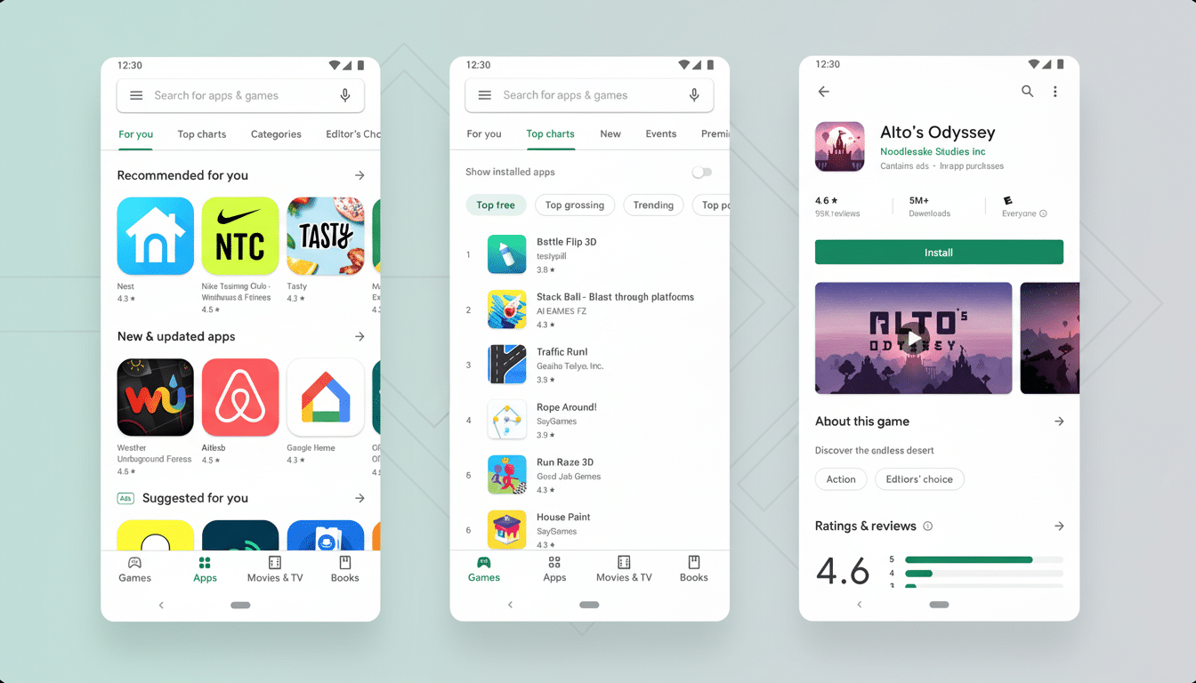 Three mobile phone screens displaying different sections of an app store interface. The first screen shows recommended apps, the second shows top charts, and the third shows the details page for Altos Odyssey.