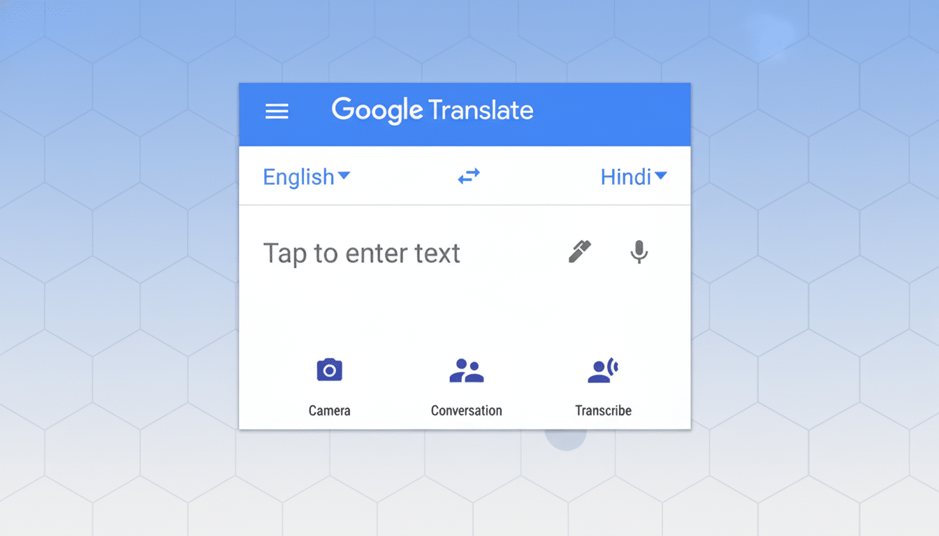 A screenshot of the Google Translate app interface, resized to a 16:9 aspect ratio. The apps main screen is centered on a background with a subtle hexagonal pattern. The Camera icon, previously highlighted with a red box, is now integrated seamlessly into the interface.