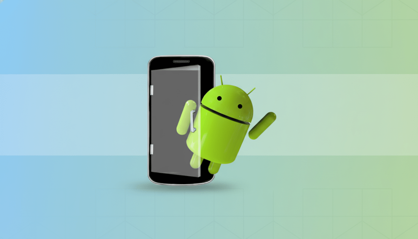 A 16:9 aspect ratio image featuring the Android robot peeking out from behind a smartphone, set against a professional flat design background with soft blue and green gradients.