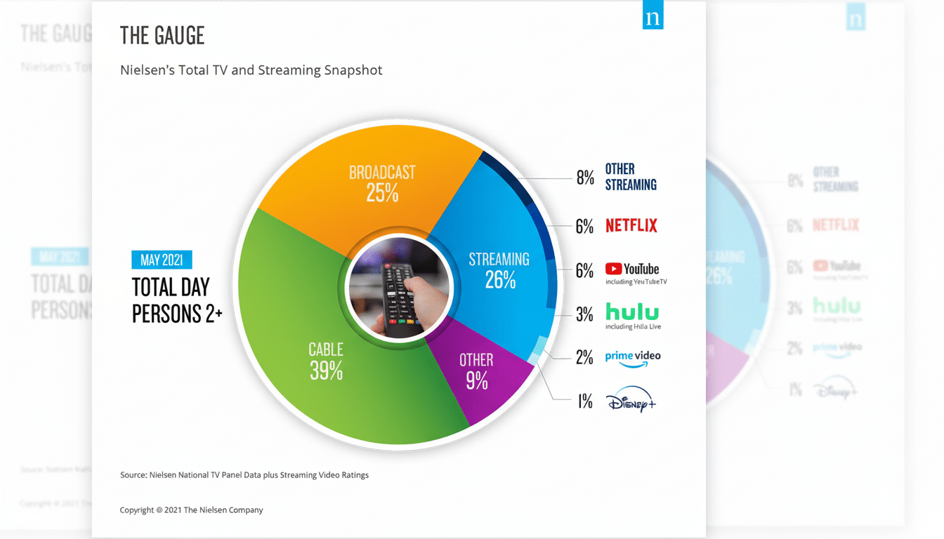 A pie chart titled THE GAUGE Nielsens Total TV and Streaming Snapshot showing media consumption percentages for May 2021. Cable accounts for 39%, Streaming 26% (with sub-categories: Other Streaming 8%, Netflix 6%, YouTube 6%, Hulu 3%, Prime Video 2%, Disney+ 1%), Broadcast 25%, and Other 9%. In the center of the pie chart is an image of a hand holding a TV remote control.