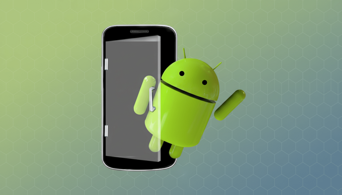 A 16:9 aspect ratio image featuring the Android robot peeking out from behind a smartphone, set against a professional flat design background with soft green and blue hexagonal patterns.