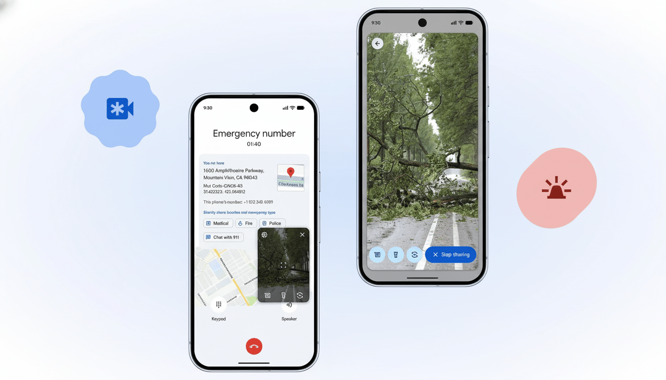 Two smartphones displaying emergency features, with one showing an emergency call screen and the other a video call of a fallen tree blocking a road.