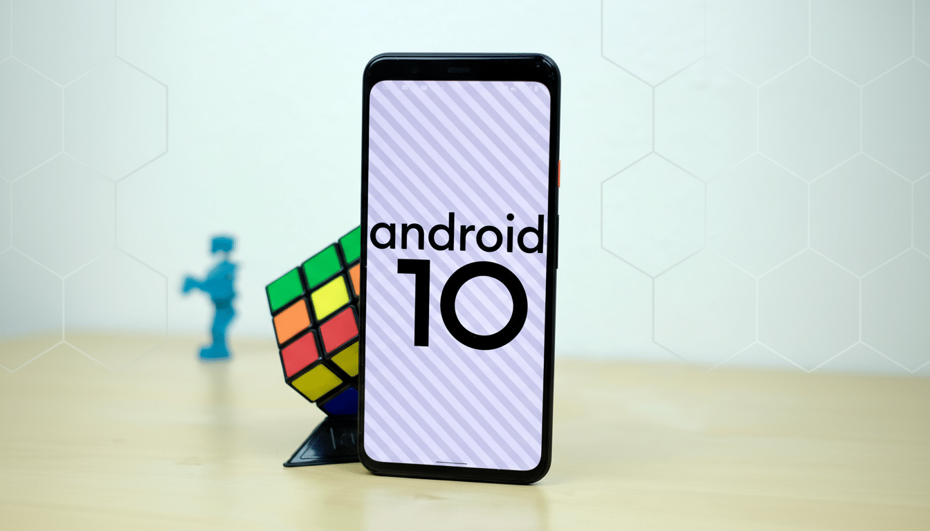 A smartphone displaying android 10 on its screen, with a Rubiks Cube and a blue figurine in the background, resized to a 16:9 aspect ratio with a professional flat design background featuring soft hexagonal patterns.