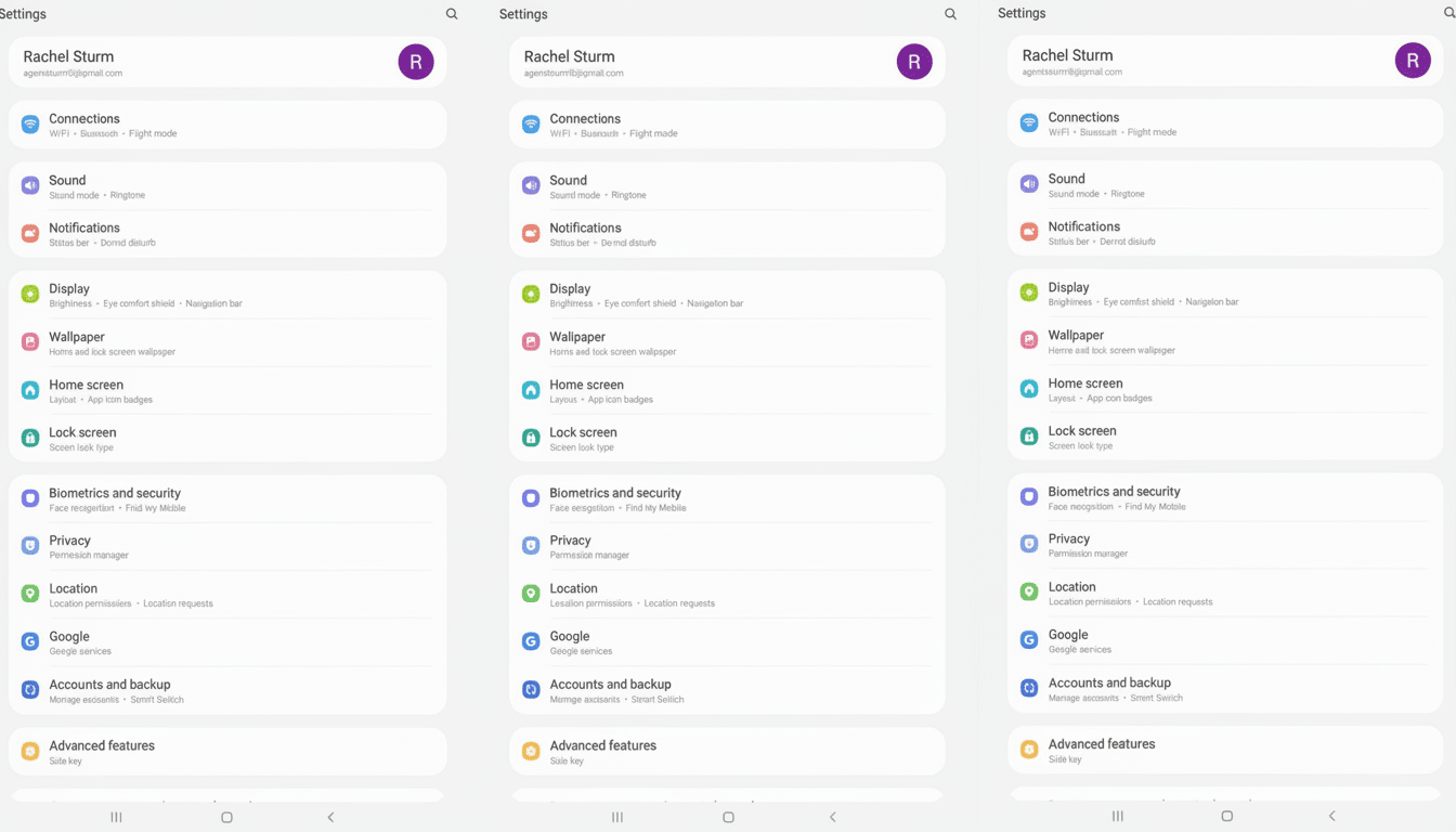 A screenshot of a mobile phones settings menu, displaying various options such as Connections, Sound, Notifications, Display, Wallpaper, Home screen, Lock screen, Biometrics and security, Privacy, Location, Google, Accounts and backup, and Advanced features. The top of the screen shows the time, battery percentage, and a search icon. The bottom of the screen shows navigation buttons.