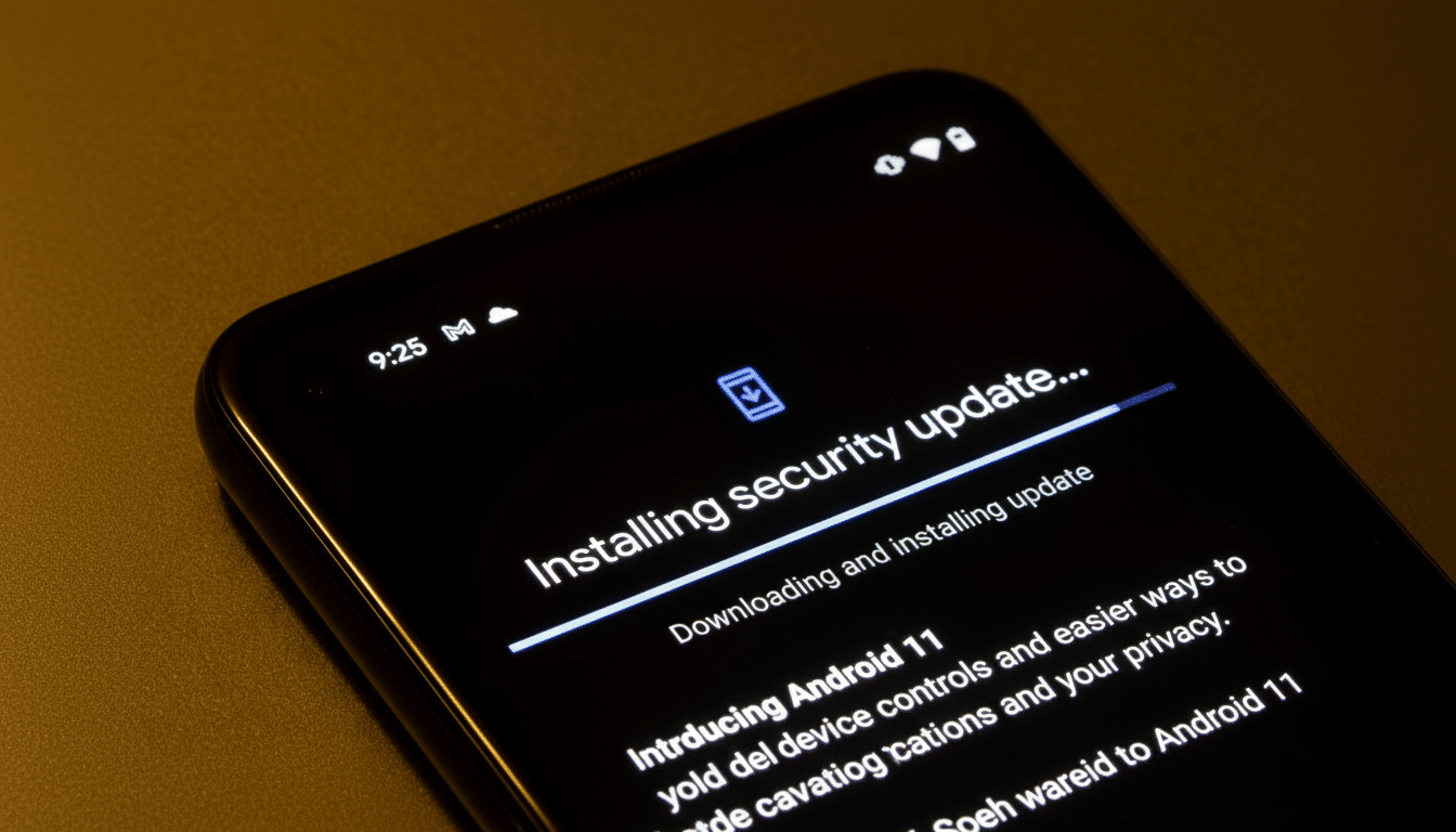 A smartphone screen displaying Installing security update... with a progress bar and text about downloading and installing an update, and introducing Android 11.