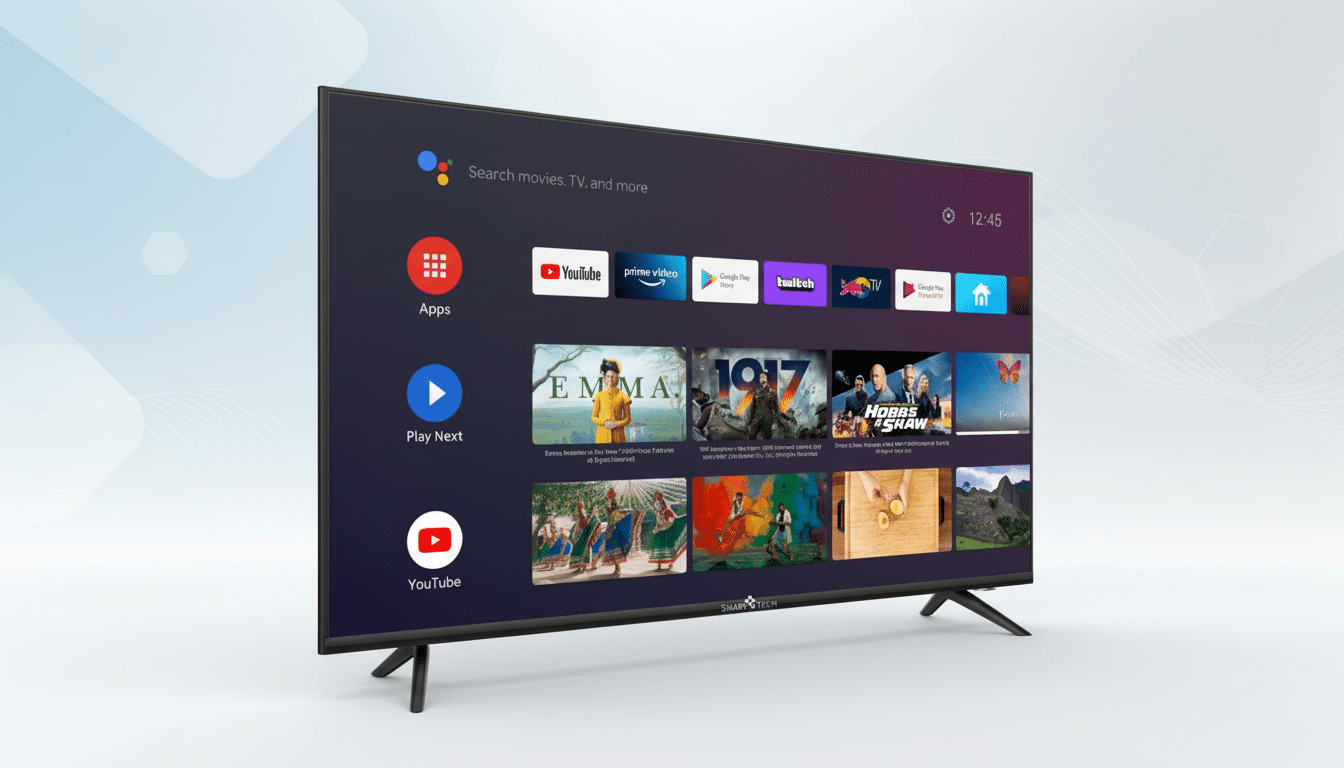 A Smart Tech television displaying the Android TV interface with various streaming apps and content, set against a professional flat design background with soft patterns.