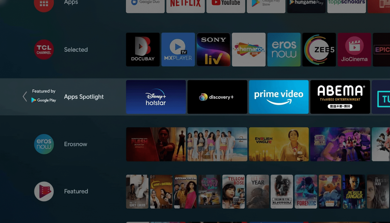 A smart TV interface displaying various streaming app icons and movie/show thumbnails.