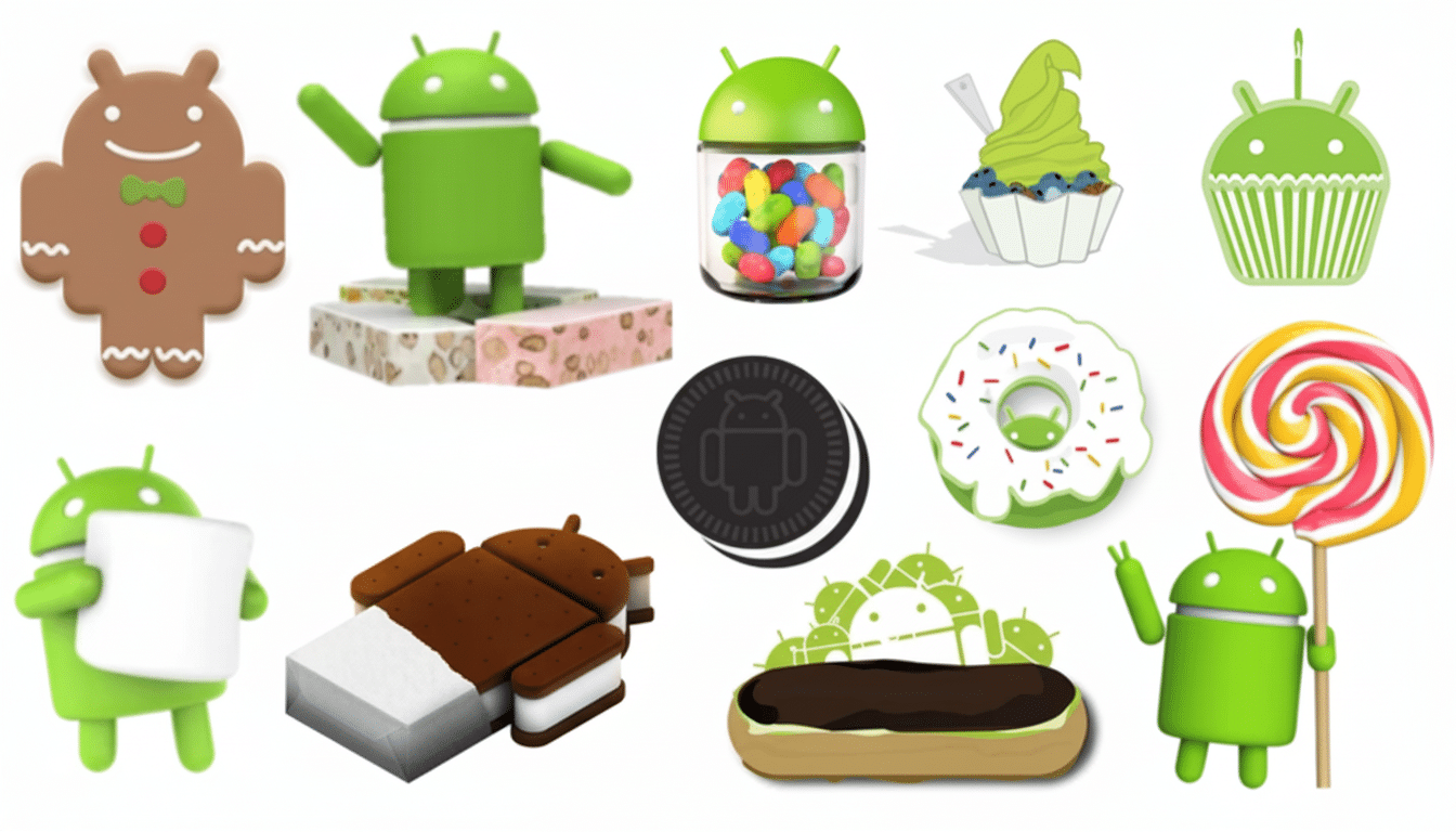 A collection of Android robot logos depicted as various desserts and candies, including a gingerbread man, a robot on nougat, a jar of jelly beans, a cupcake, a donut, an Oreo, an ice cream sandwich, an eclair, and a lollipop.