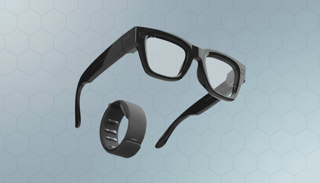 A pair of black smart glasses and a black smart wristband are displayed against a light blue background with a subtle hexagonal pattern.