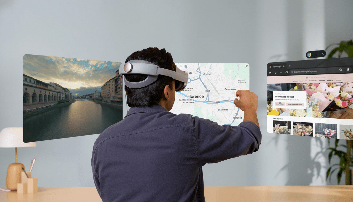 A person wearing a virtual reality headset interacts with multiple floating screens displaying a map, a cityscape, and a flower delivery website.