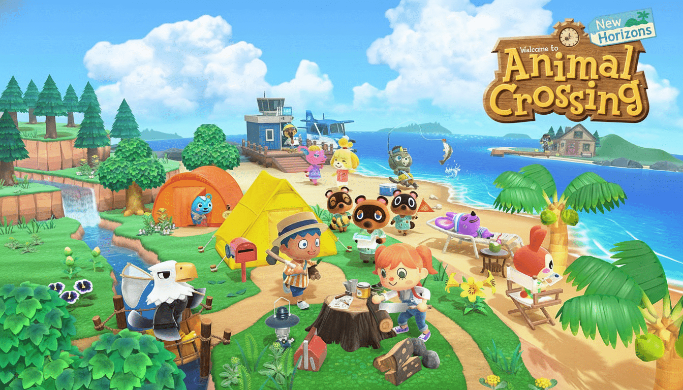 A vibrant, wide-angle image of various Animal Crossing characters enjoying an island setting, with tents, trees, and the ocean in the background, featuring the Welcome to Animal Crossing New Horizons logo.