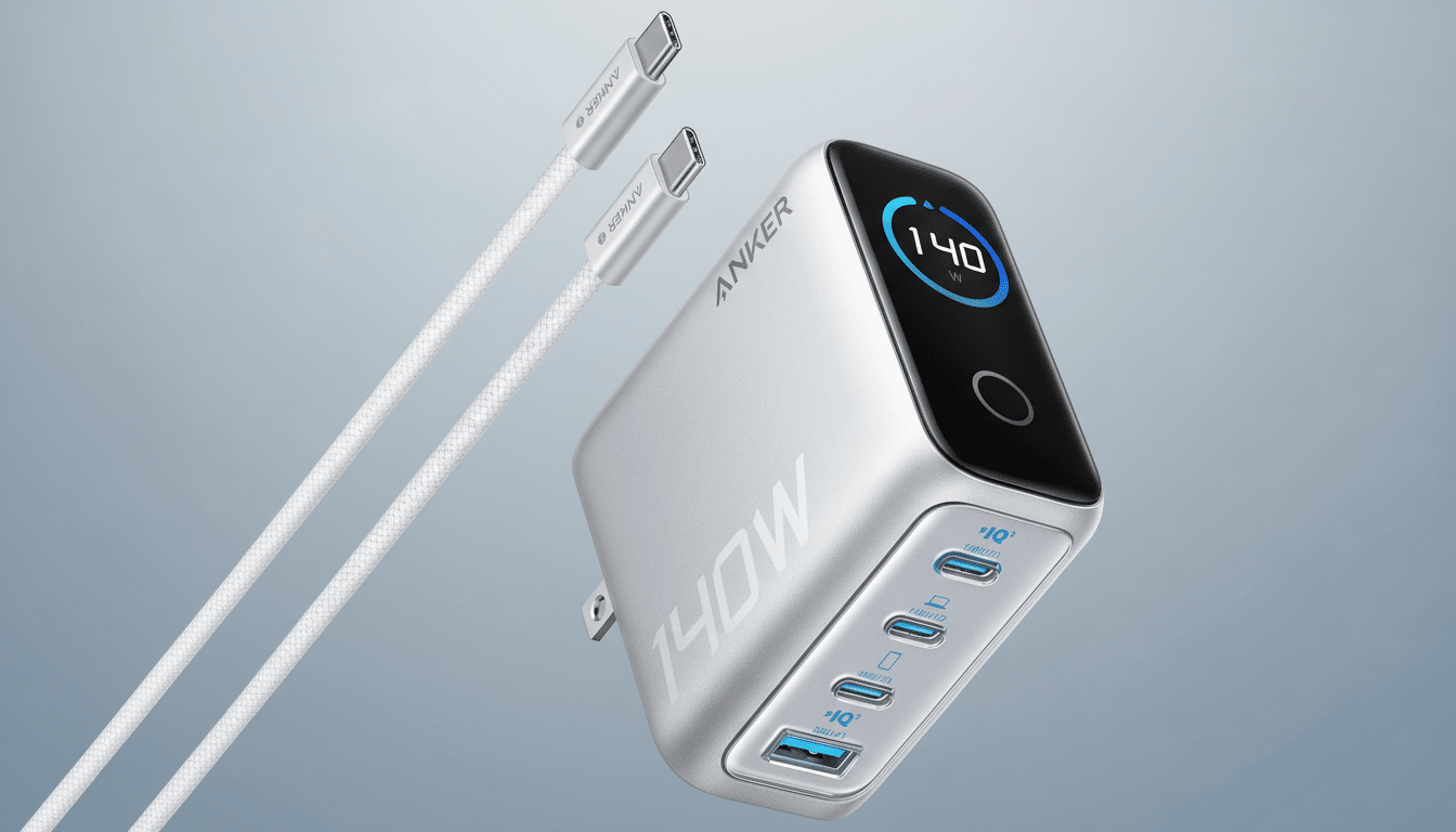 A silver Anker 140W charger with two white USB-C cables, presented on a professional flat design background with soft gradients.