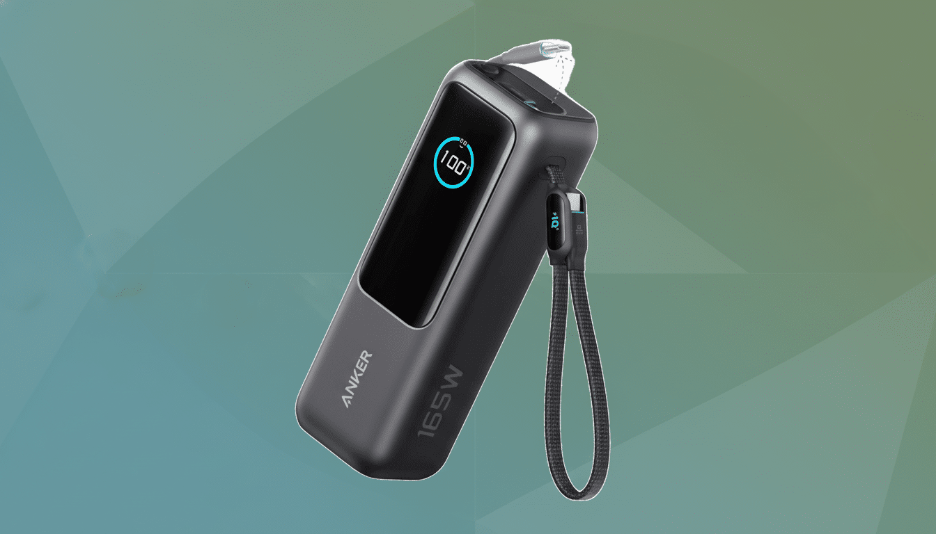 A dark gray Anker 165W power bank with a digital display showing 100% charge, set against a professional flat design background with soft green and blue gradients.