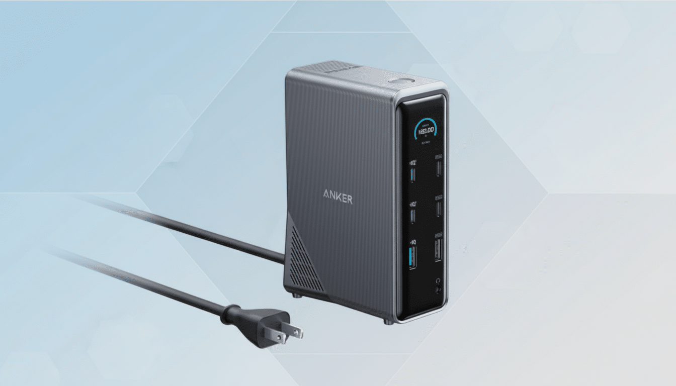 An Anker charging station with multiple USB ports and a digital display, presented on a professional flat design background with soft blue and grey gradients.