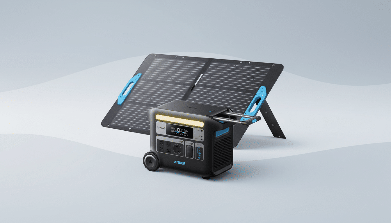 An Anker power station and a solar panel on a professional flat design background with soft patterns.