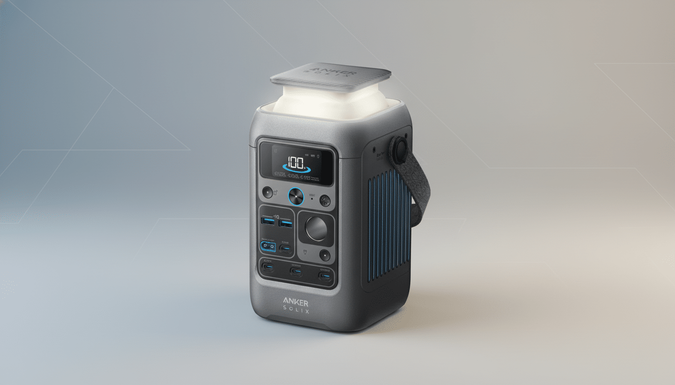 An Anker Solix portable power station with a light on top, presented on a professional flat design background with soft patterns and gradients.