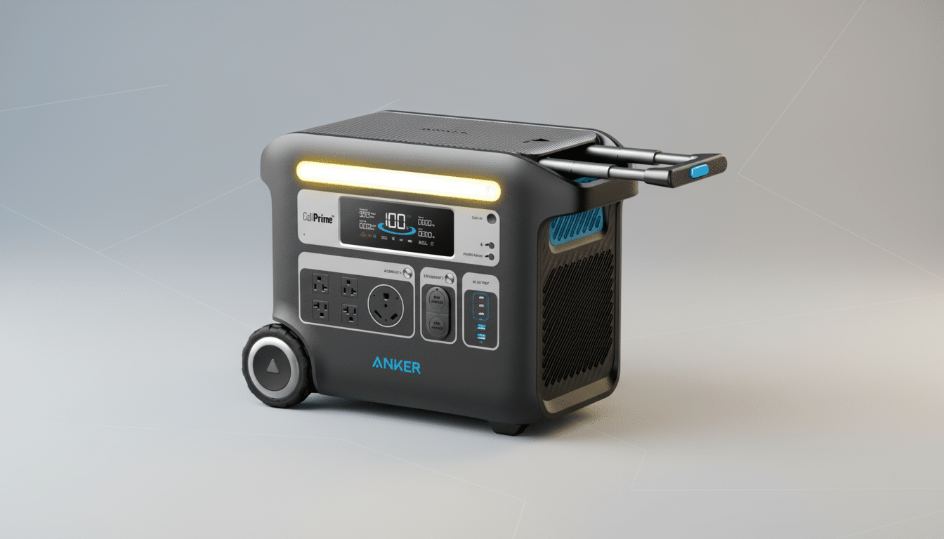 An Anker Solix F3800 portable power station with a professional flat design background.