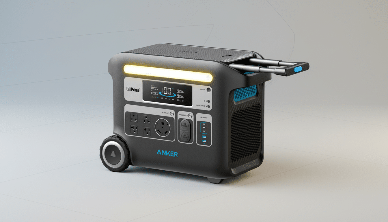 An Anker Solix F3800 portable power station with a professional flat design background.