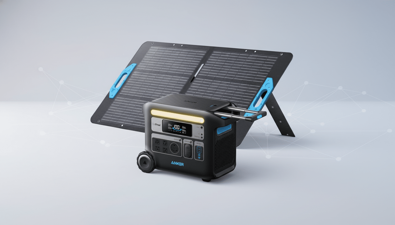 An Anker power station with wheels and a retractable handle, paired with a foldable Anker solar panel, set against a professional light gray background with subtle geometric patterns.