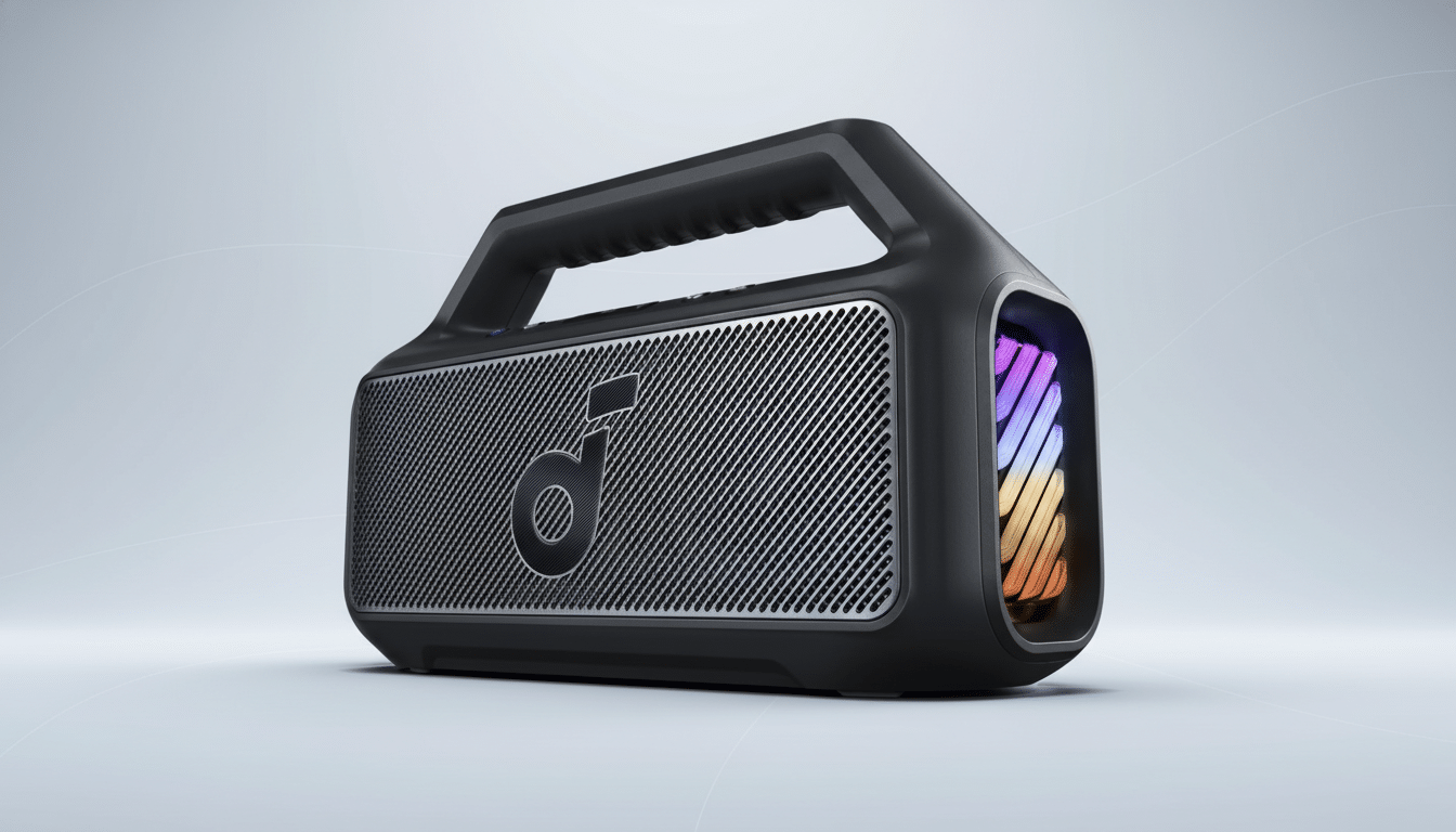 A black Anker Soundcore Motion Boom Plus portable speaker with a handle and a colorful light strip on the side, set against a professional light gray background with subtle white lines.