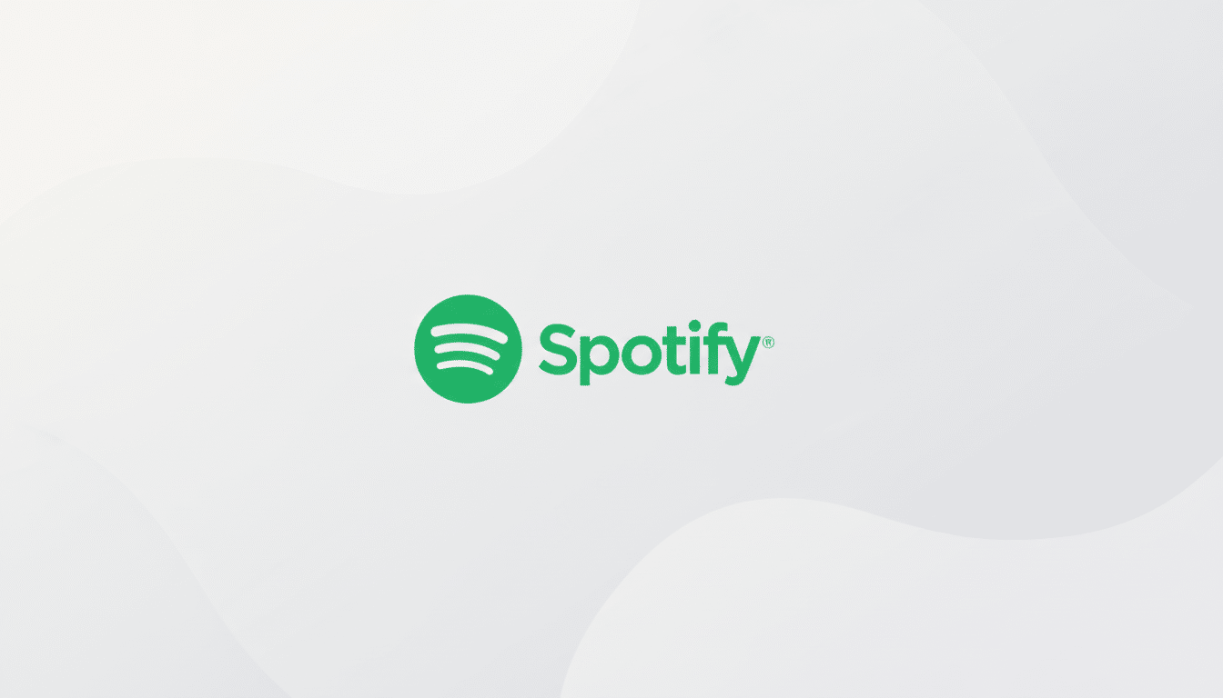 The Spotify logo, featuring a green circle with three curved lines resembling sound waves, and the word Spotify in green text, set against a professional light gray background with subtle, soft wave patterns.