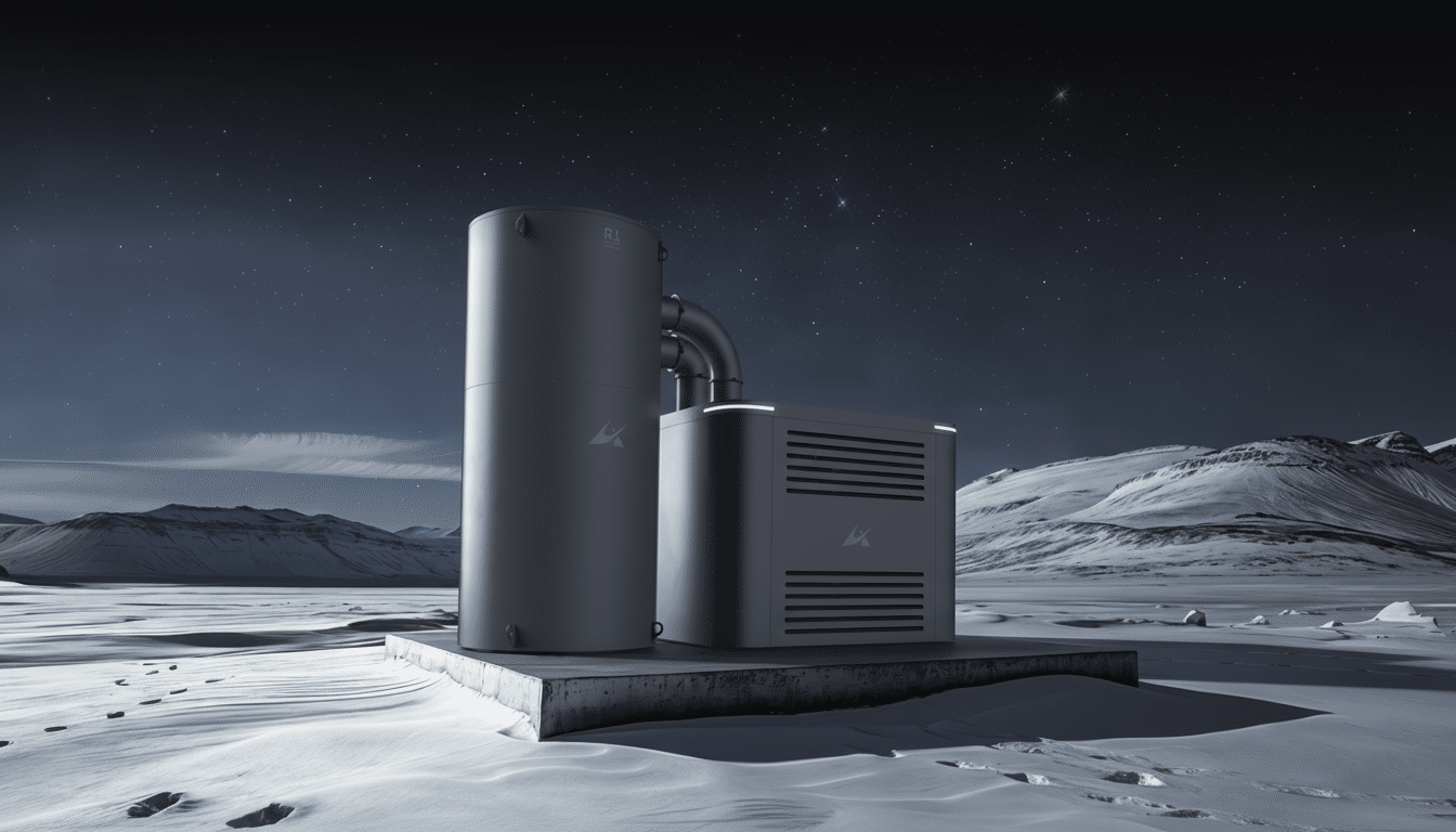 A professional image of a cylindrical and a rectangular industrial unit connected by pipes, set against a snowy, mountainous landscape under a starry night sky, resized to a 16:9 aspect ratio.