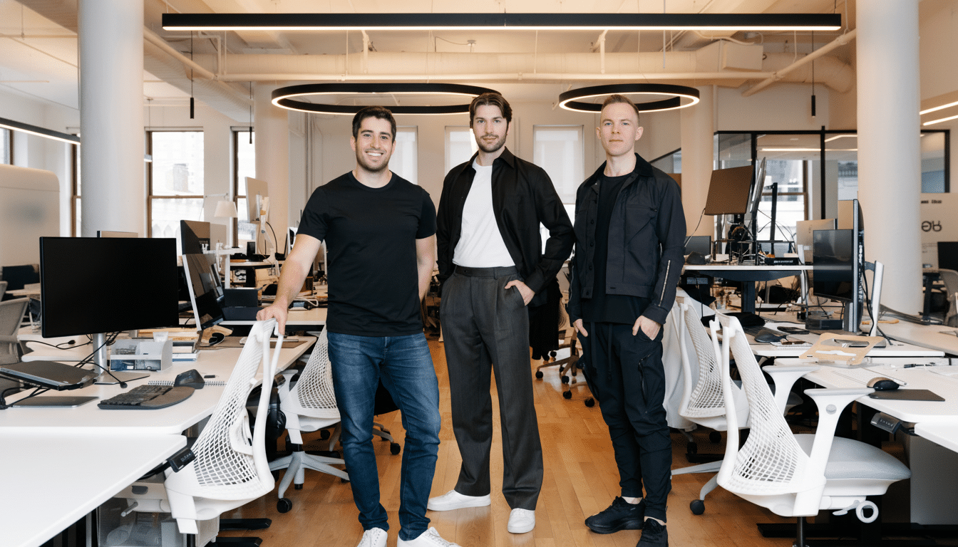 Three men standing in a modern office space, resized to a 16:9 aspect ratio.